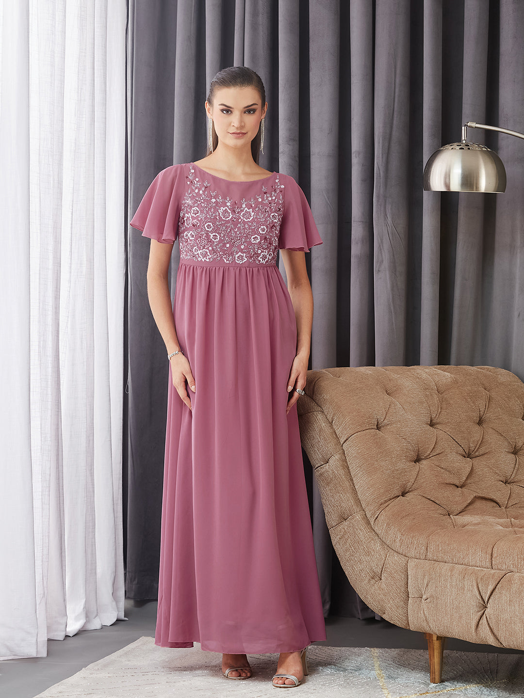 Women's Dusty Lavender Boat Neck Half Sleeve Solid Embellished Georgette Maxi Dress