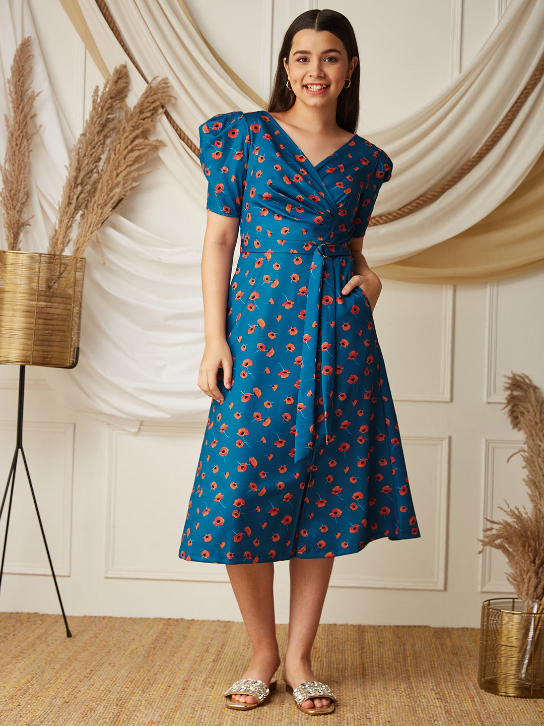 Multicolored-Base-Blue V-Neck Pleated Puff Sleeve Floral Patterned Wrap Midi Polyester Dress