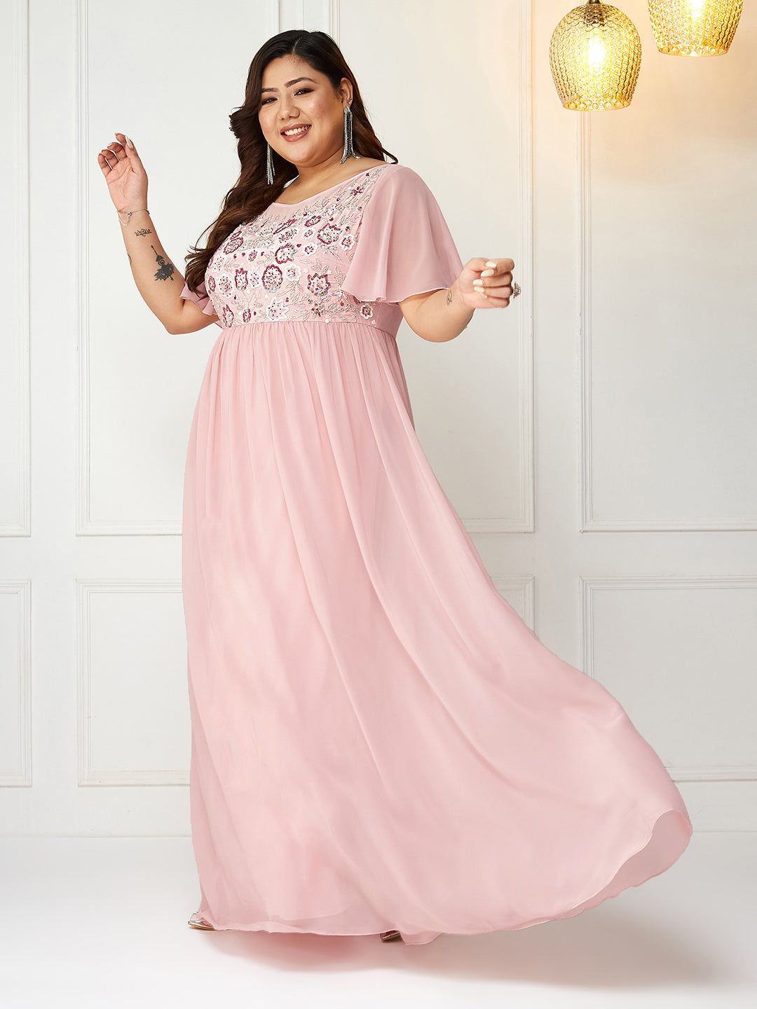 Light Pink Flared Sleeves Fit and Flare Sequinned Maxi Dress Long Dress Gown Frock for Women |