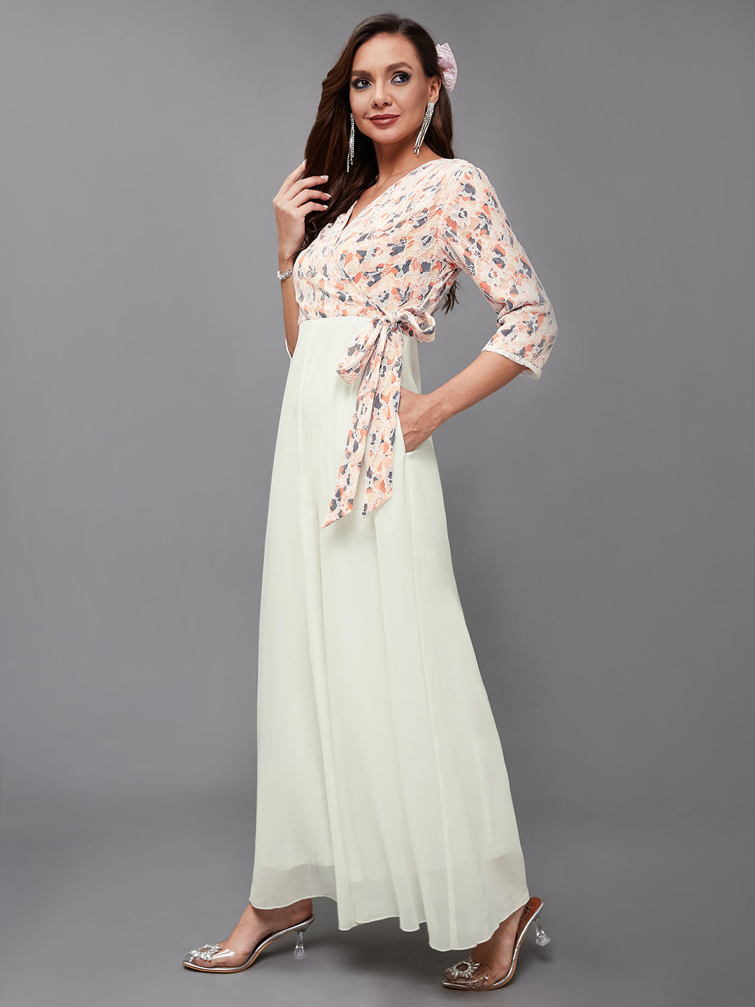 Women's Multicolored-Base-Off White V-Neck Full Sleeve Self Design Wrap Regular-Length Georgette Jumpsuit