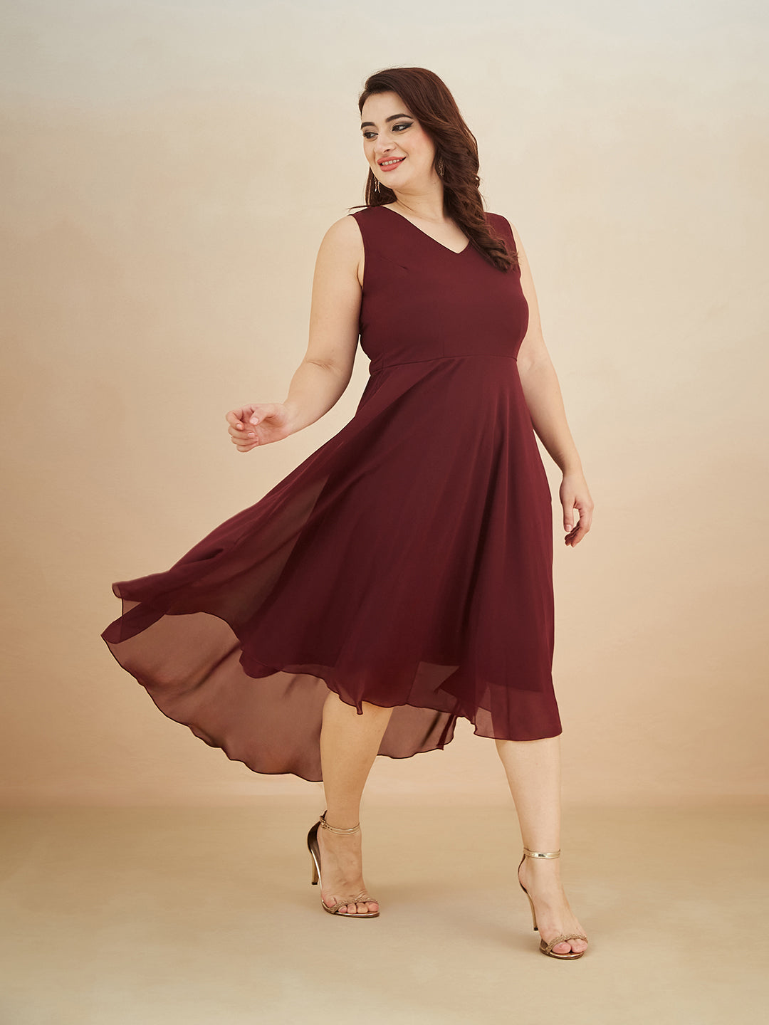 Wine Red V-Neck Sleeveless Solid High-Low Midi Skater Dress for Women