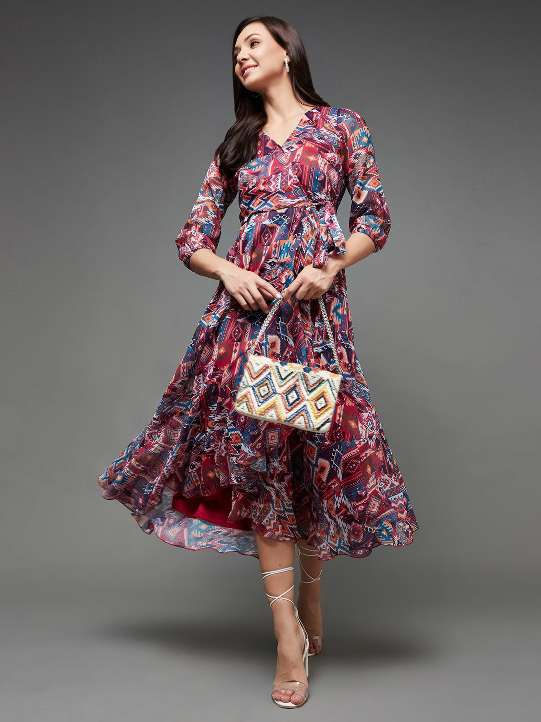 Women's Multicolored V-Neck Three-Quarter Sleeve Geometric Patterned Wrap Midi Chiffon Dress