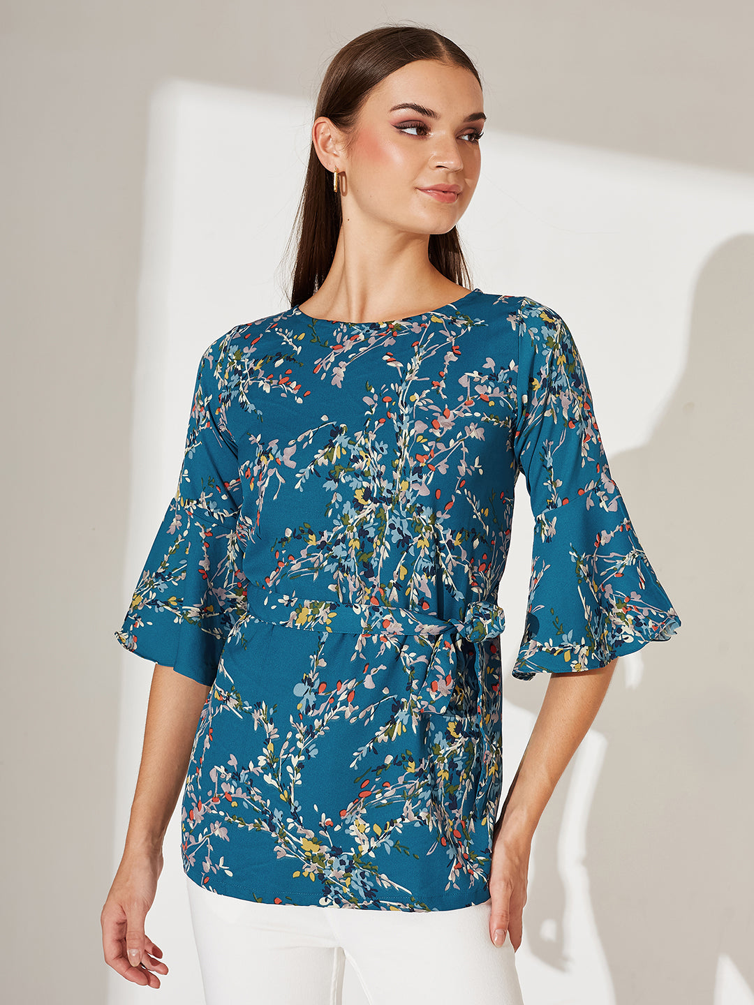 Turquoise Boat Neck Ruffled 3/4 Sleeves Floral Ruffled Long Belted Tie-Up Top for Women