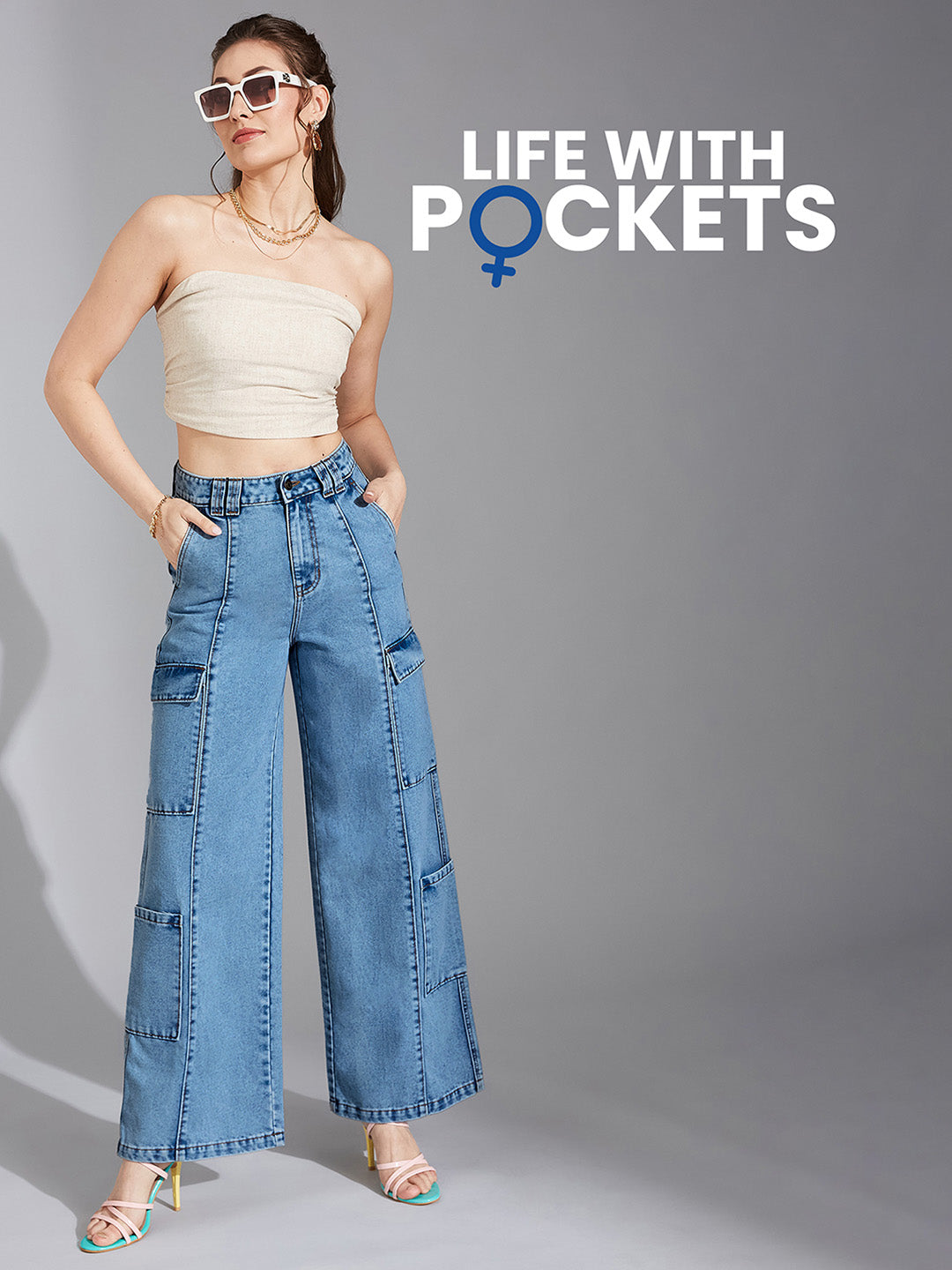 Women's Light Blue Wide-Leg High Rise Regular Denim Pant
