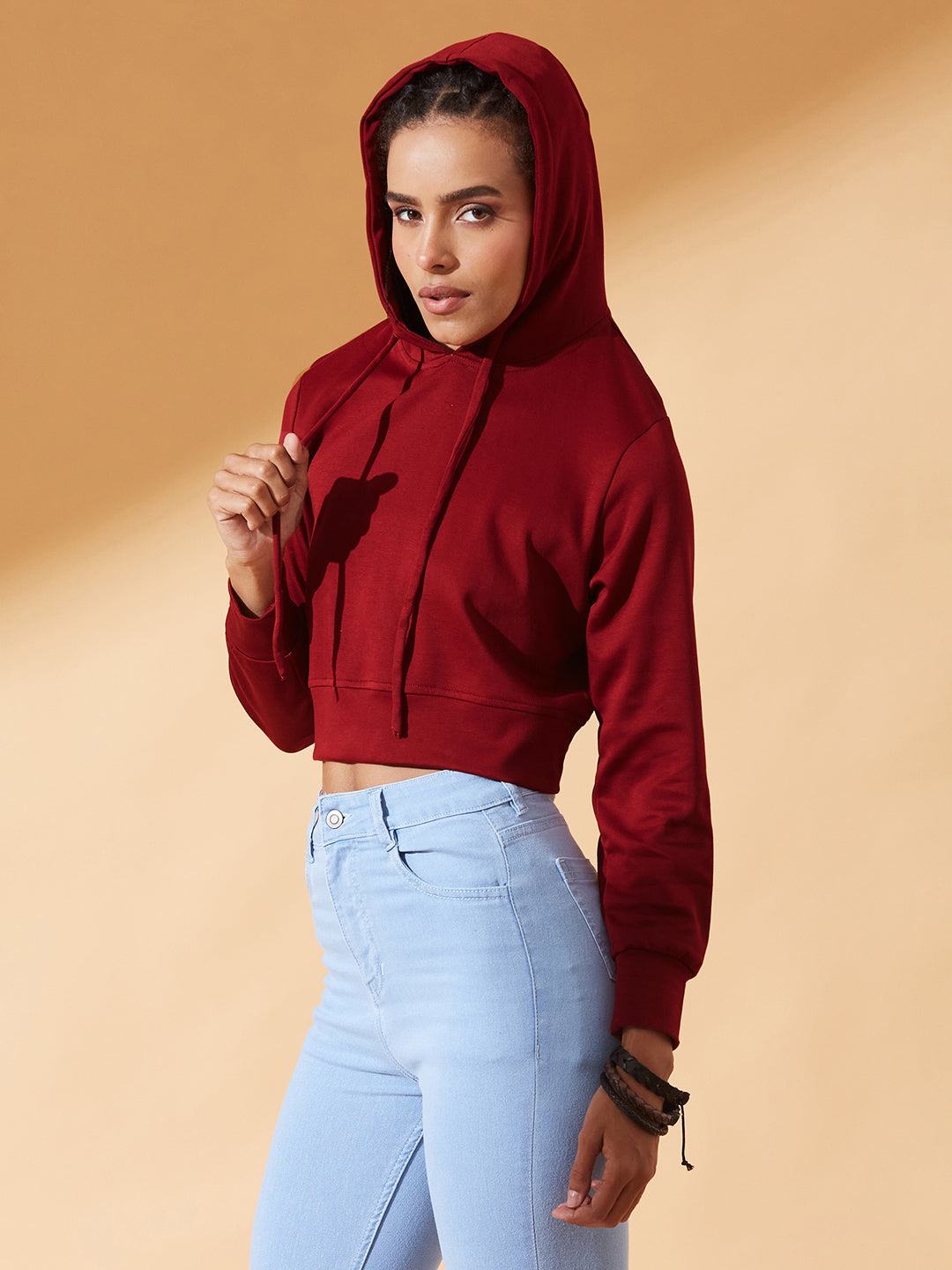 Maroon Solid Round Neck Full Sleeve Hooded Boxy Crop Sweatshirt for Women