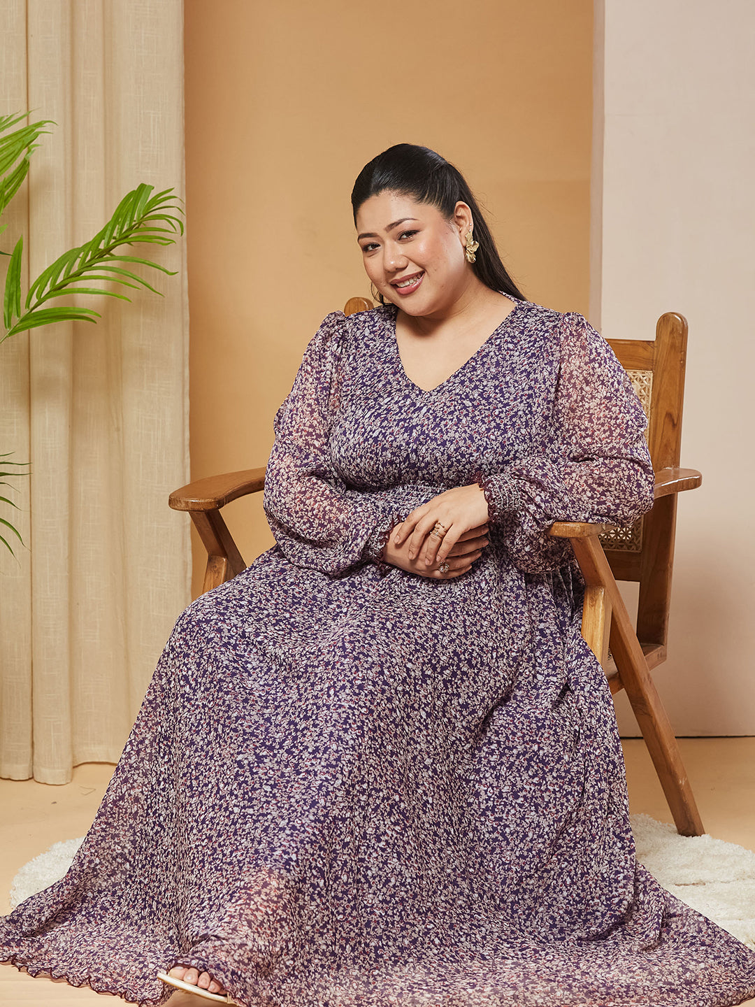 Multicolored-Base-Purple V-Neck Bishop-Sleeves Floral Gathered Chiffon Maxi Dress for Women