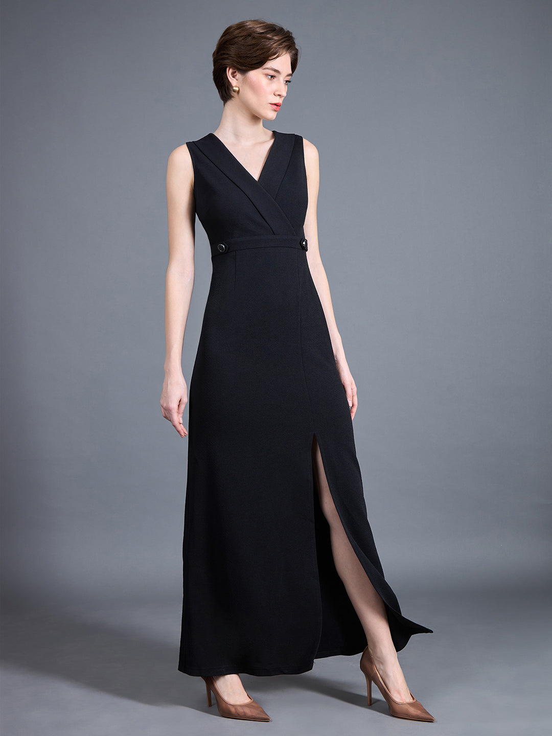 Women's Black V-Neck Sleeveless Solid Side Slit Wrap Maxi Dress