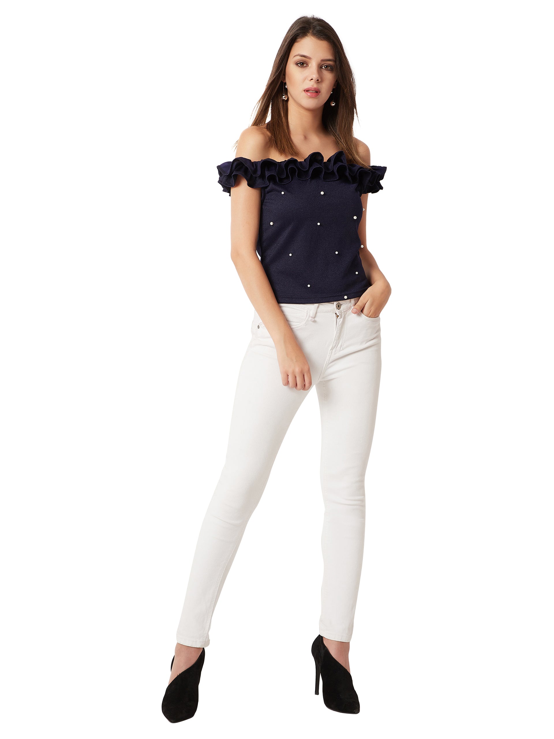 Women's Navy Blue Off-Shoulder Sleeveless Solid Pearl Detailing Ruffled Bardot Style Top