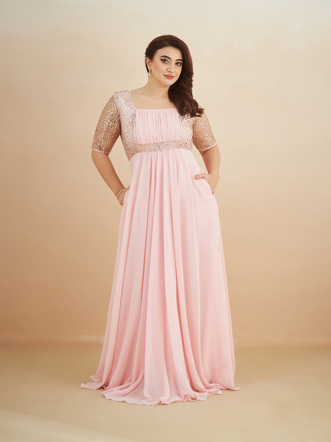 Dusty Pink Square Neck Half Sleeve Solid Embellished Maxi Dress for Women