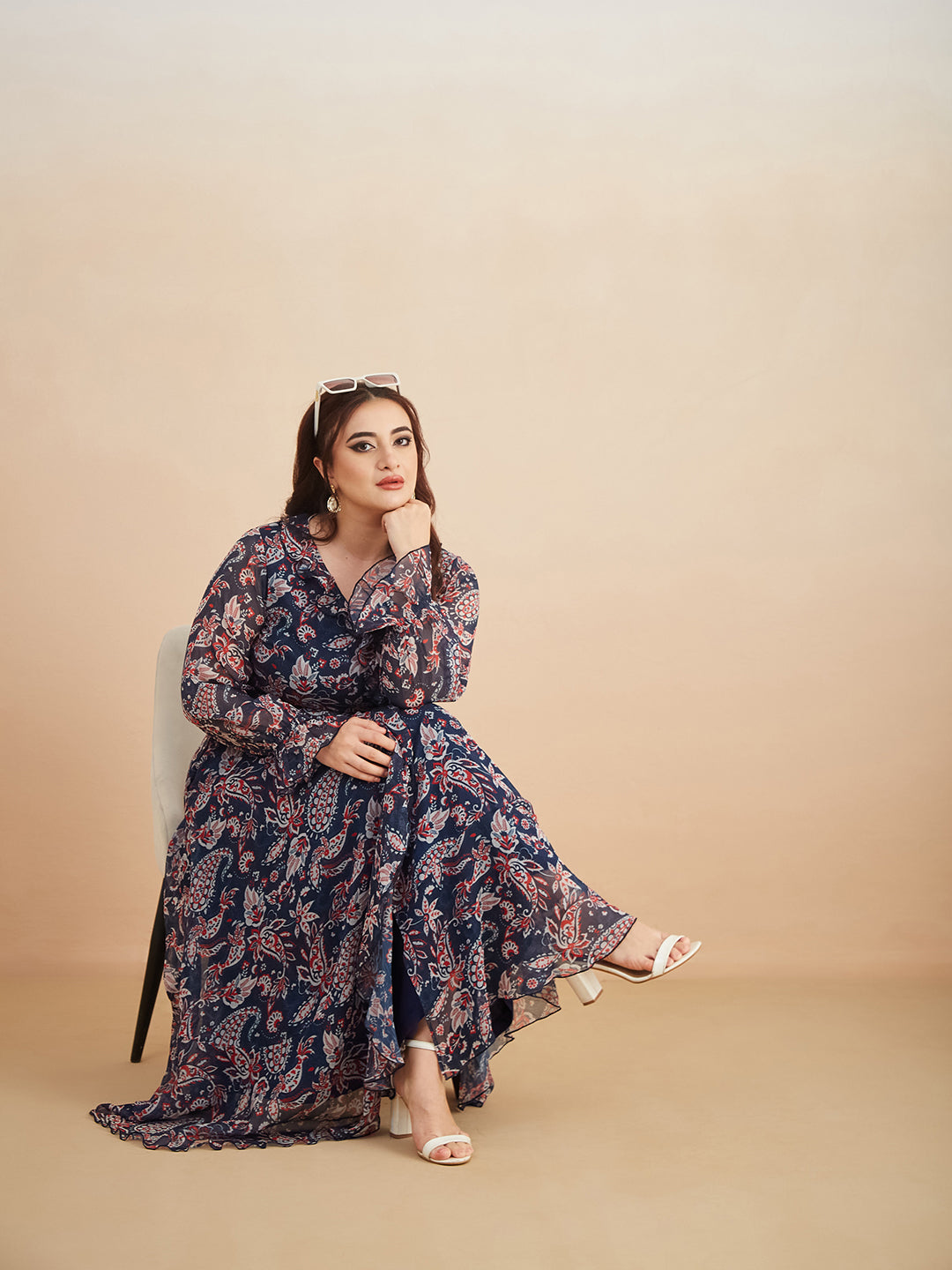 Multicolored-Base-Navy Blue V Neck Full Sleeves Polyester Relaxed Fit Midi Length Dress for Women