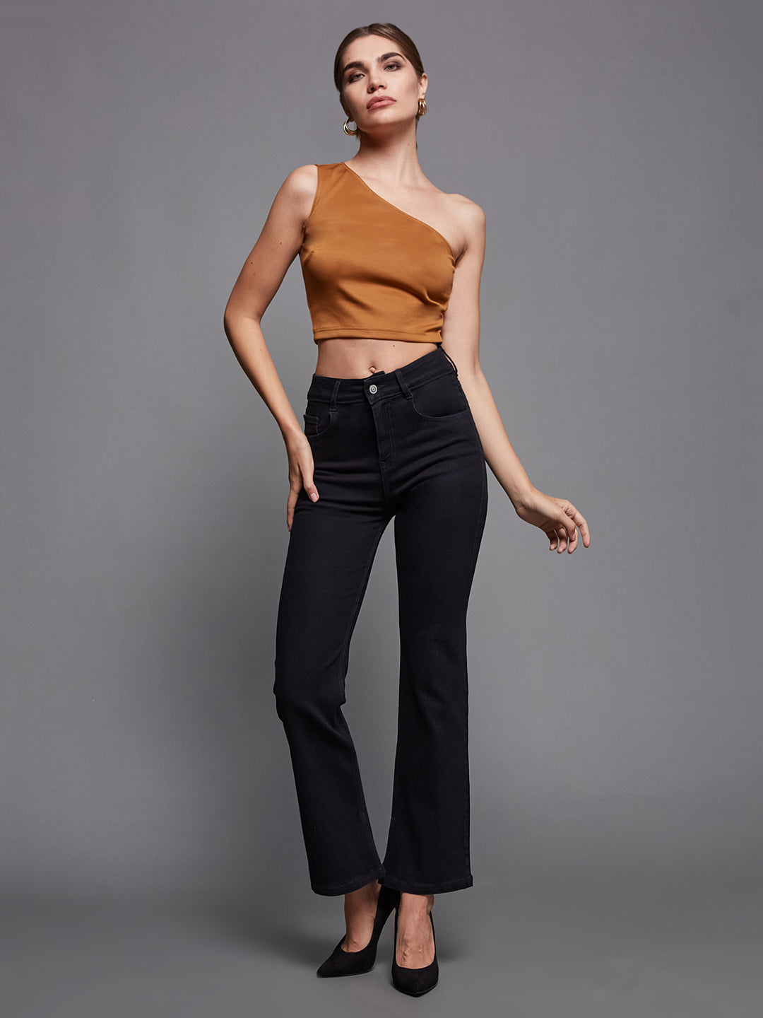 24/7 Comfort Black Bell-Bottom Bootcut High-Rise Stretchable Denim Jeans