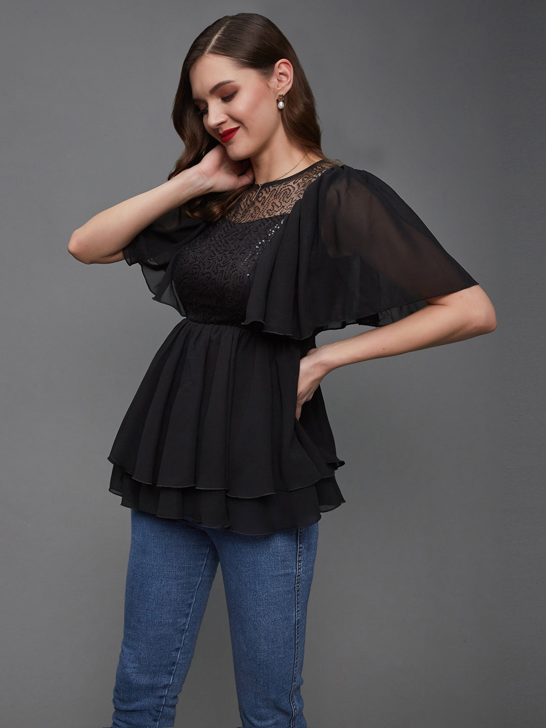 Women's Black Embellished Round Neck Flared Sleeves Georgette Layered Regular Length Top