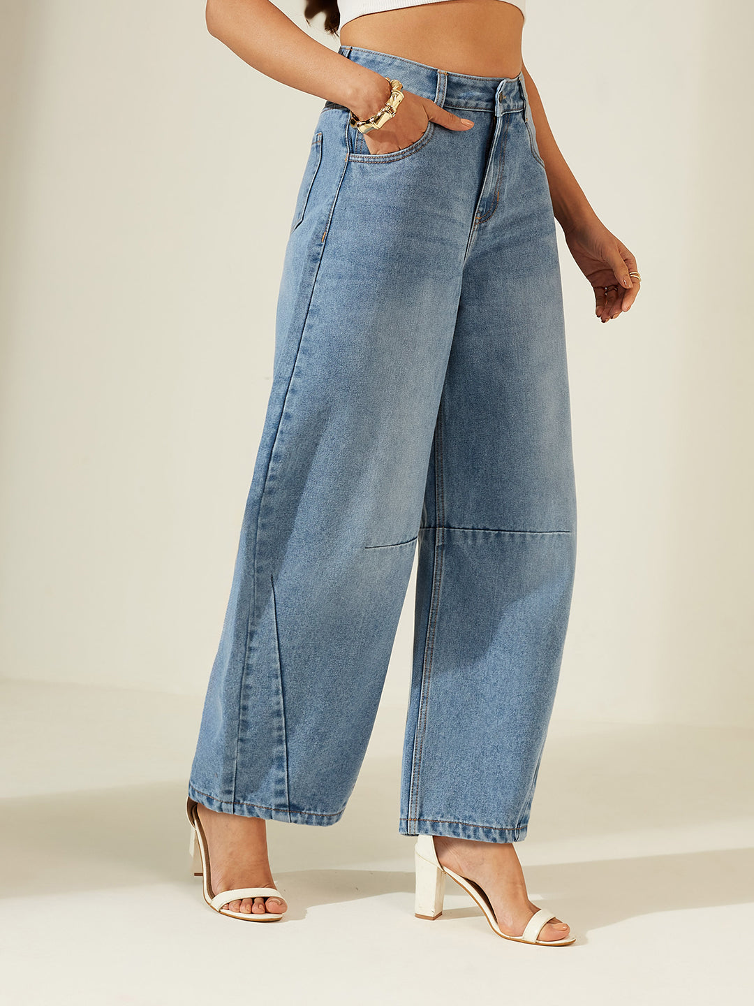 Women’s Mid Blue High Rise Barrel Fit Denim Jeans with Whiskering & Knee Dart Detailing