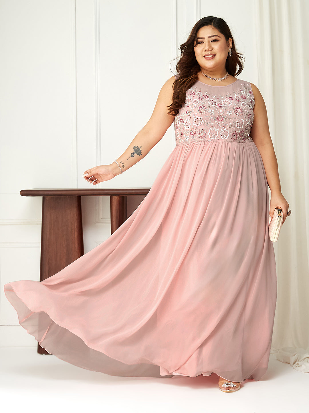 Body Bliss Pink Sequin Embroidery Gathered Maxi Dress