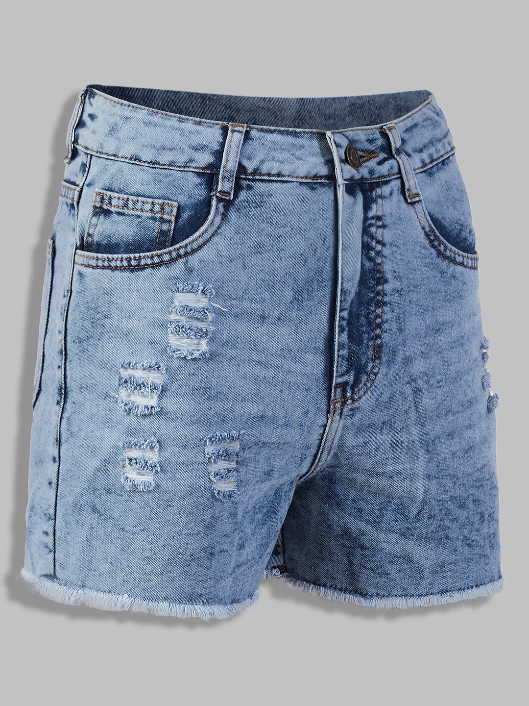 Women's Light Blue Relaxed-Fit Mid-Rise High-Distress Regular Denim Shorts