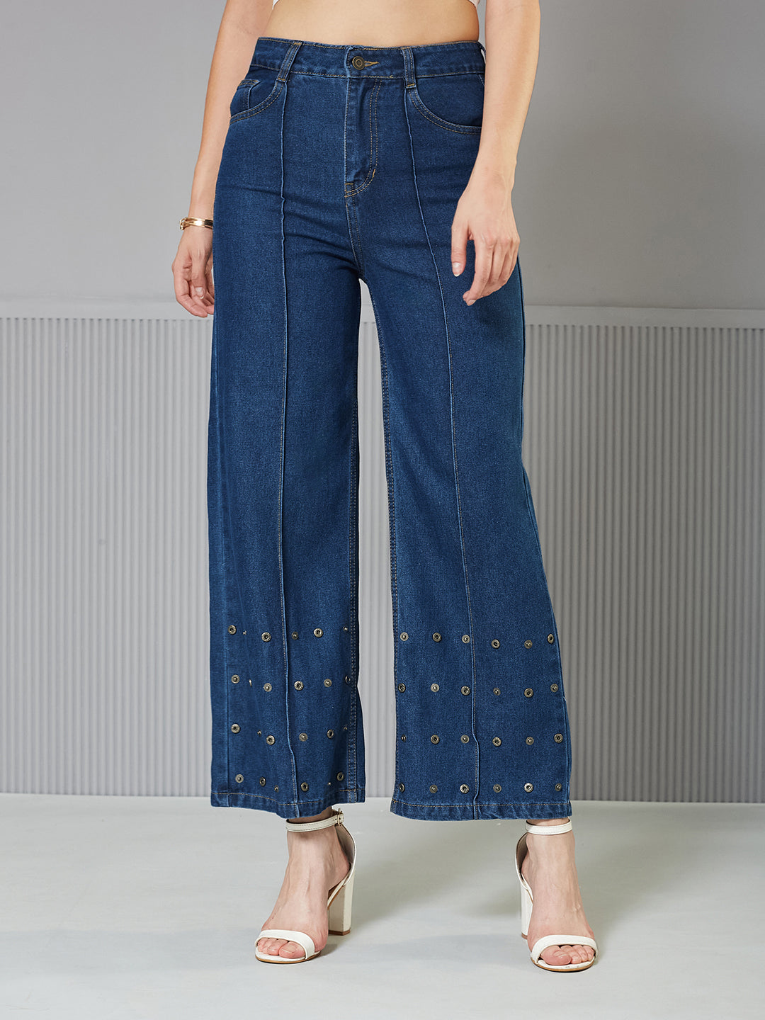 Navy-Blue Wide-Leg High-Rise Regular Denim Jeans for Women