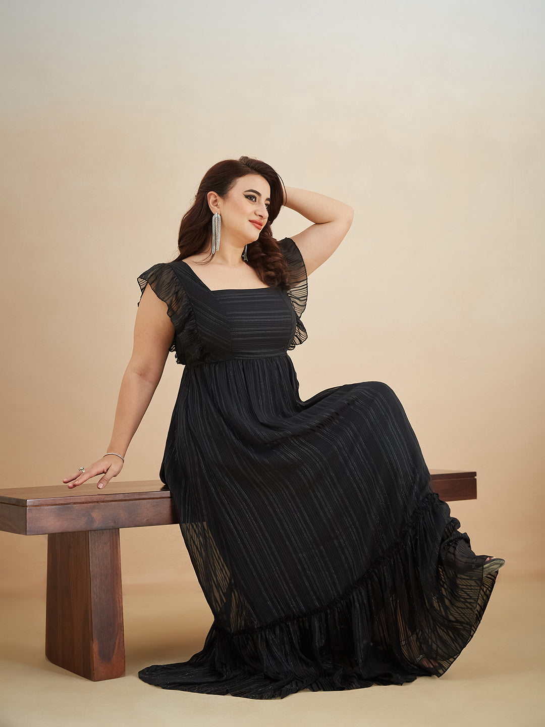 Black Square Neck Layered Ruffles Sleeve Striped Tiered Maxi Georgette Dress for Women