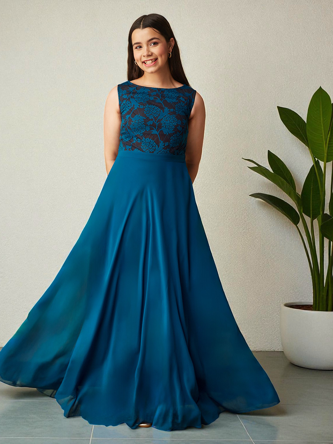 Royal Blue Round-Neck Sleeveless Floral Lace-Overlaid Fit & Flare Georgette Maxi Dress for Women