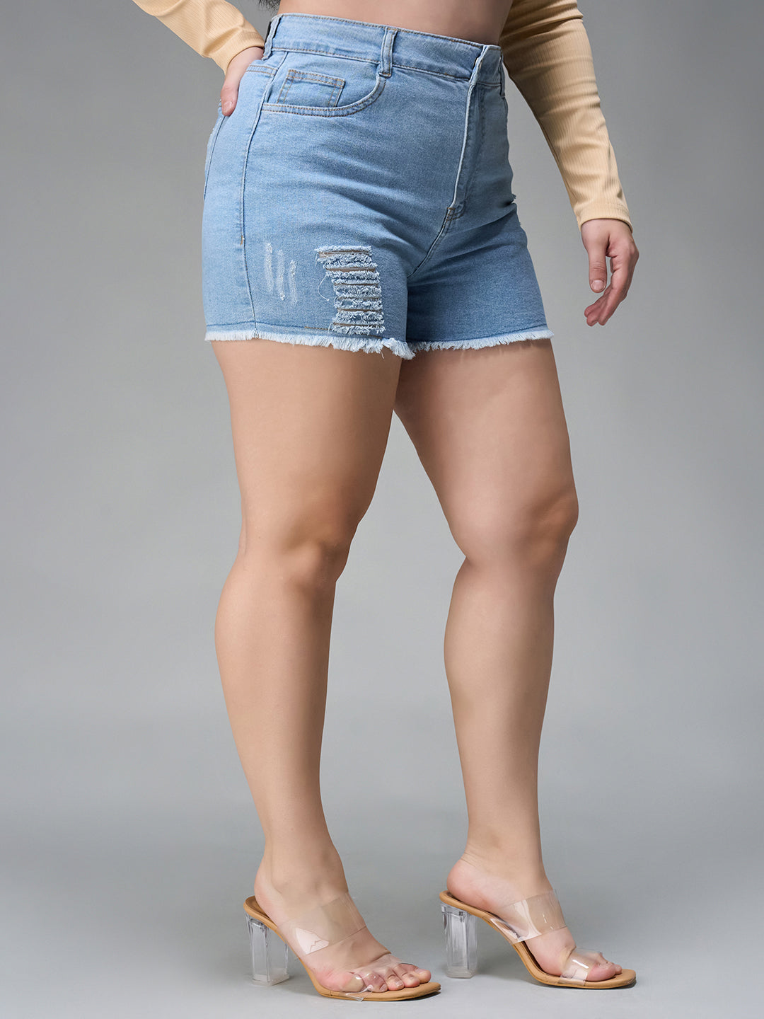 Blue denim shorts with a high waist for women