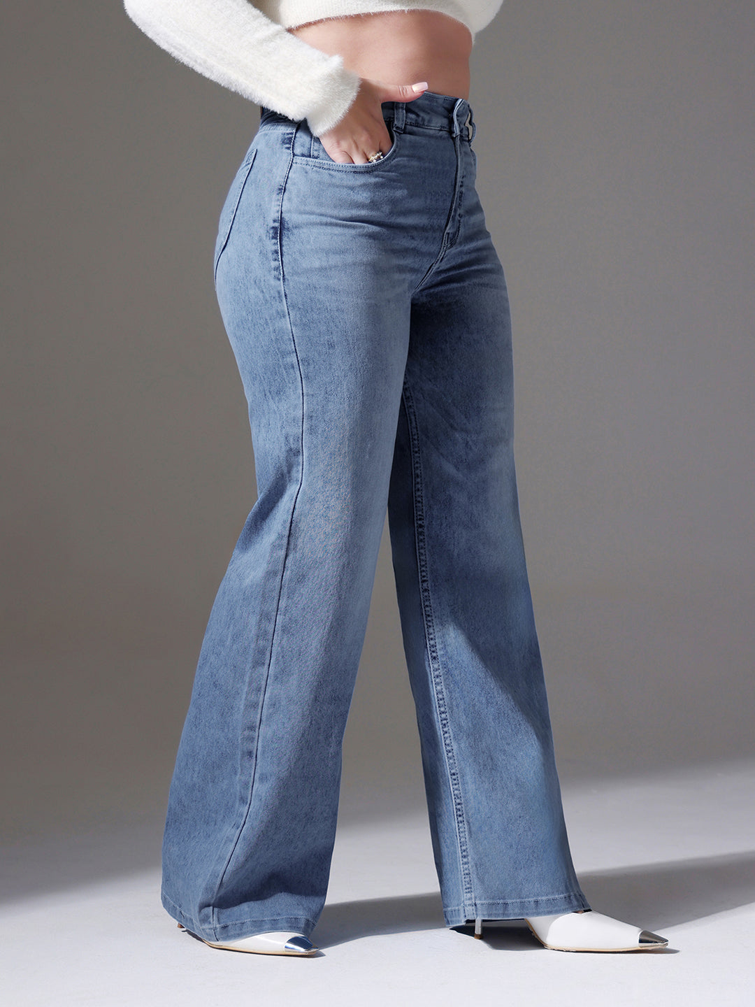 Women's Light Blue Wide-Leg High-Rise Clean-Look Stretchable Denim Jeans