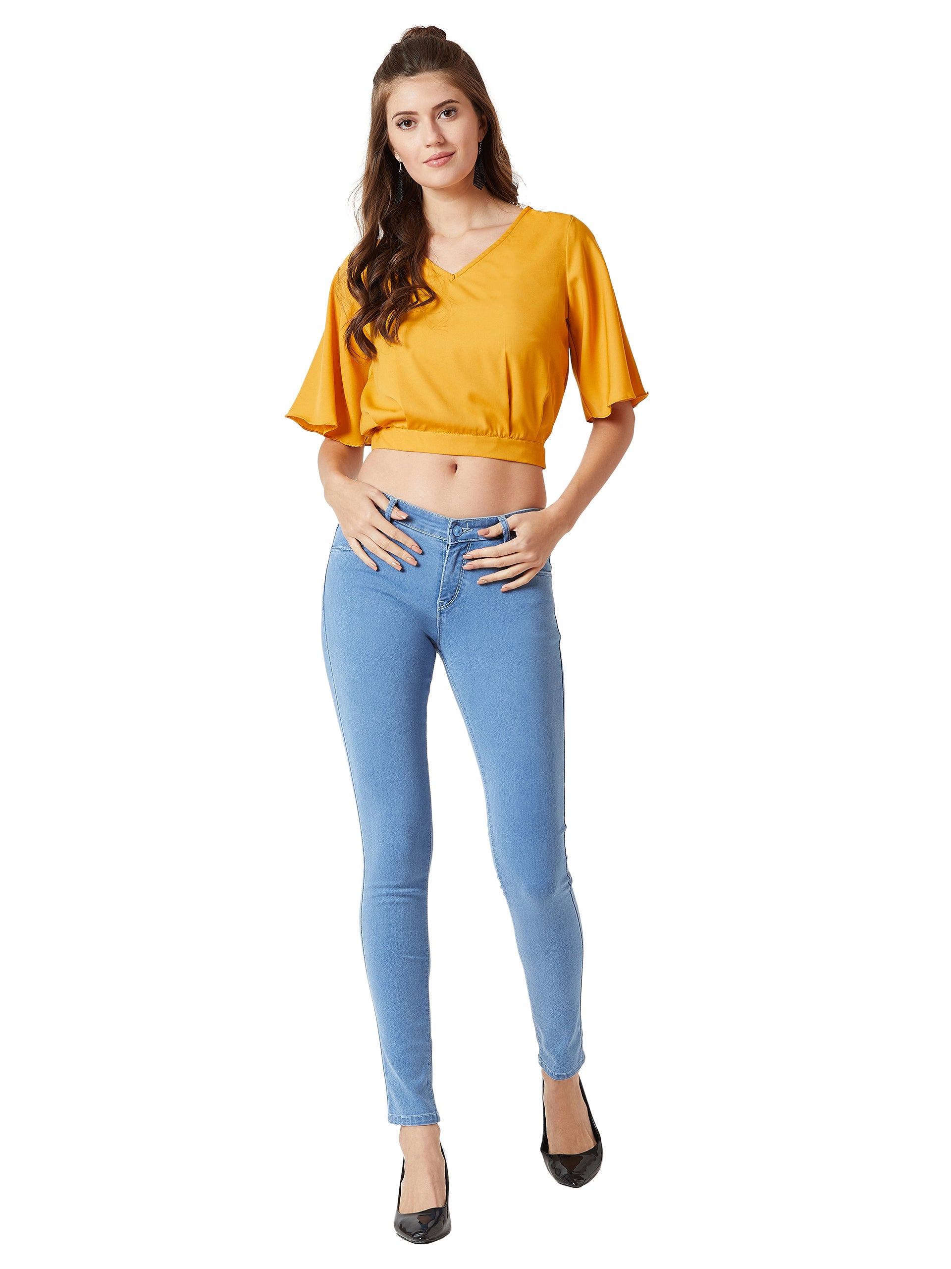 Women's Yellow V-Neck Flared Sleeves Solid Blouson cropped Top