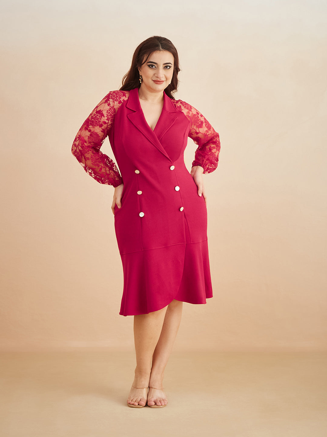 Dark Pink V-neck Full Sleeves Solid Blazer Knee Length Dress for Women
