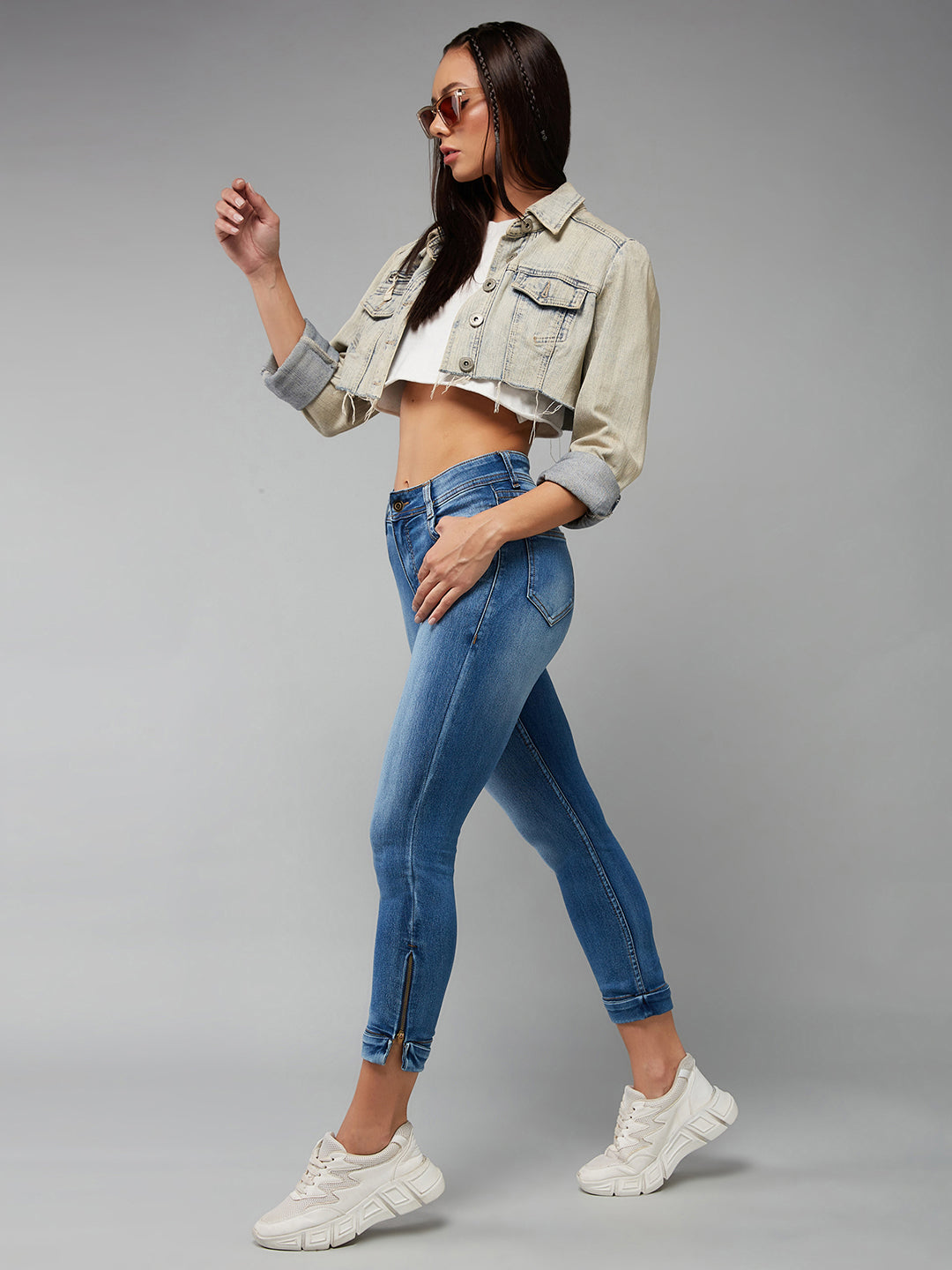 Women's Blue Skinny-Fit High-Rise Ankle Length Acid Wash Blast Effect Stretchable Denim Jeans
