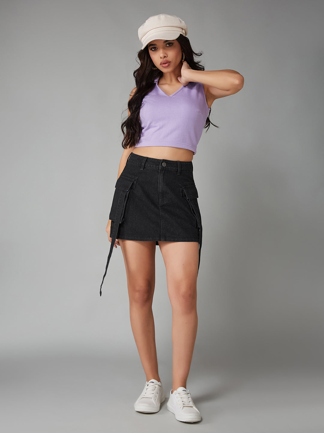 Women's Black Straight High-Rise Clean-Look Mini Denim Skirt