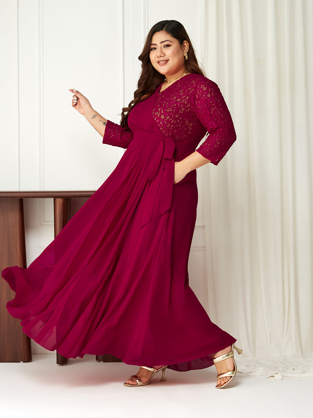 Dark Pink Long Sleeves Lace Wrap Maxi Dress for Women