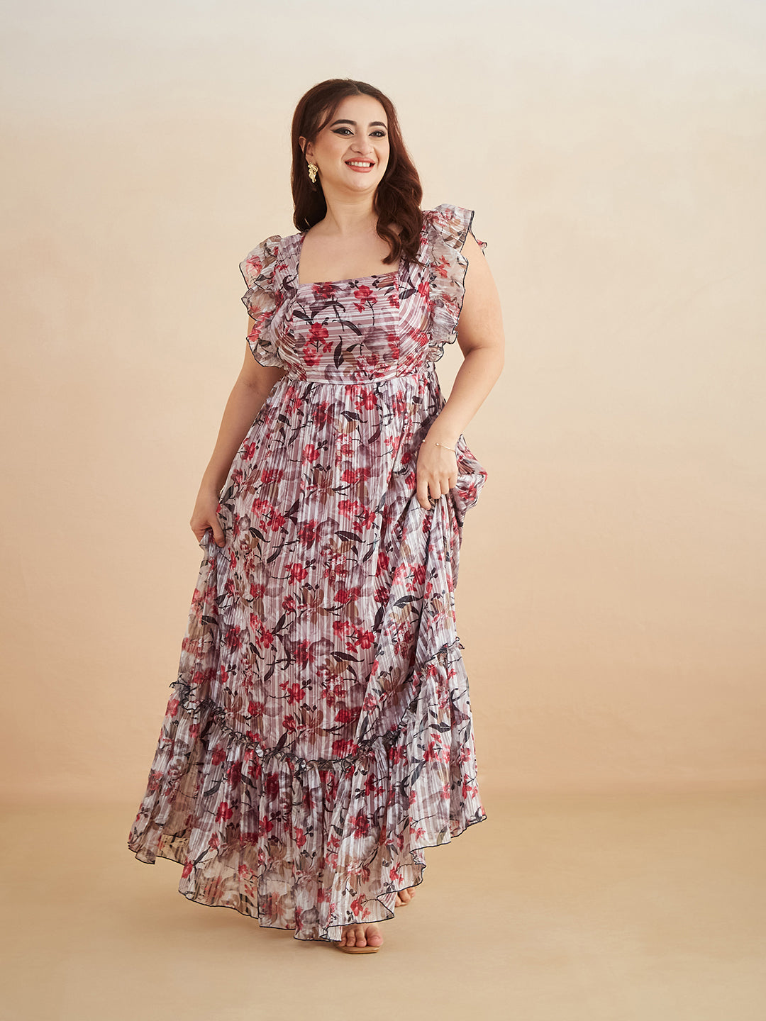Multicolored-Base-Off White Square Neck Layered Ruffles Sleeve Floral Patterned Tiered Maxi Georgette Dress for Women