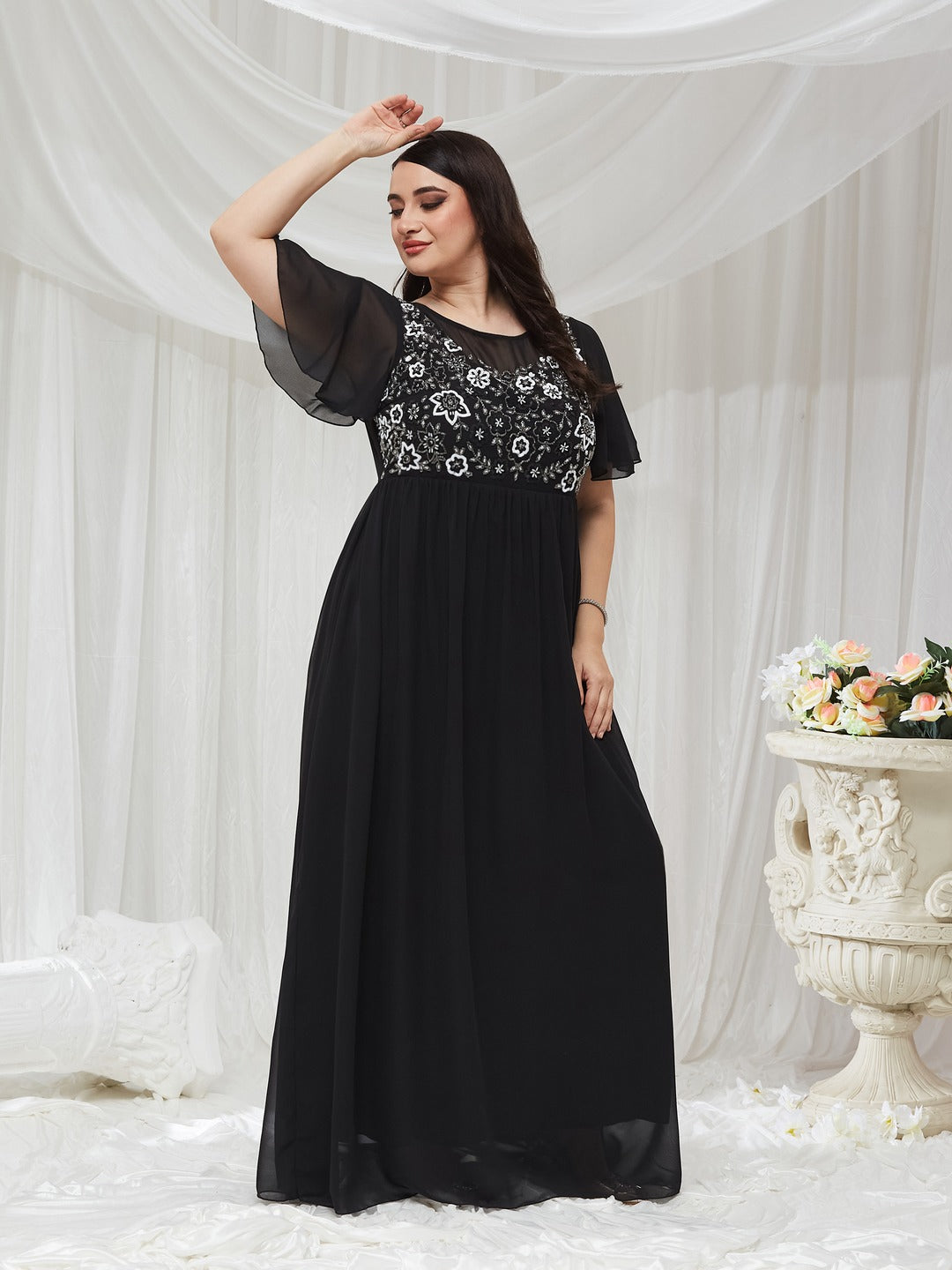 Black Embellished Gathered Maxi Dress for Women