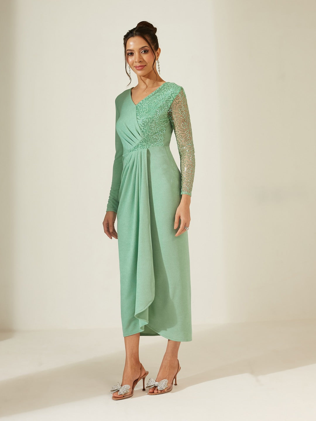 Mint Embellished V-Neck Full Sleeve Polyester Pleated Slim Fit Longline Dress for Women