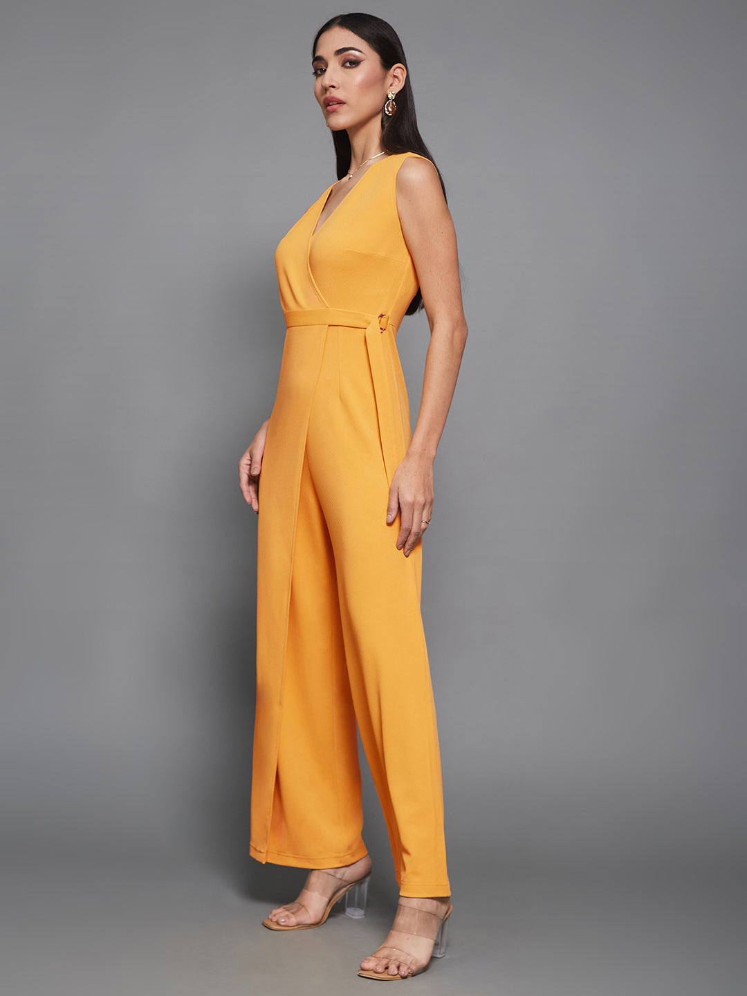 Mustard Yellow V-Neck Sleeveless Solid Wrap Regular Length Jumpsuit