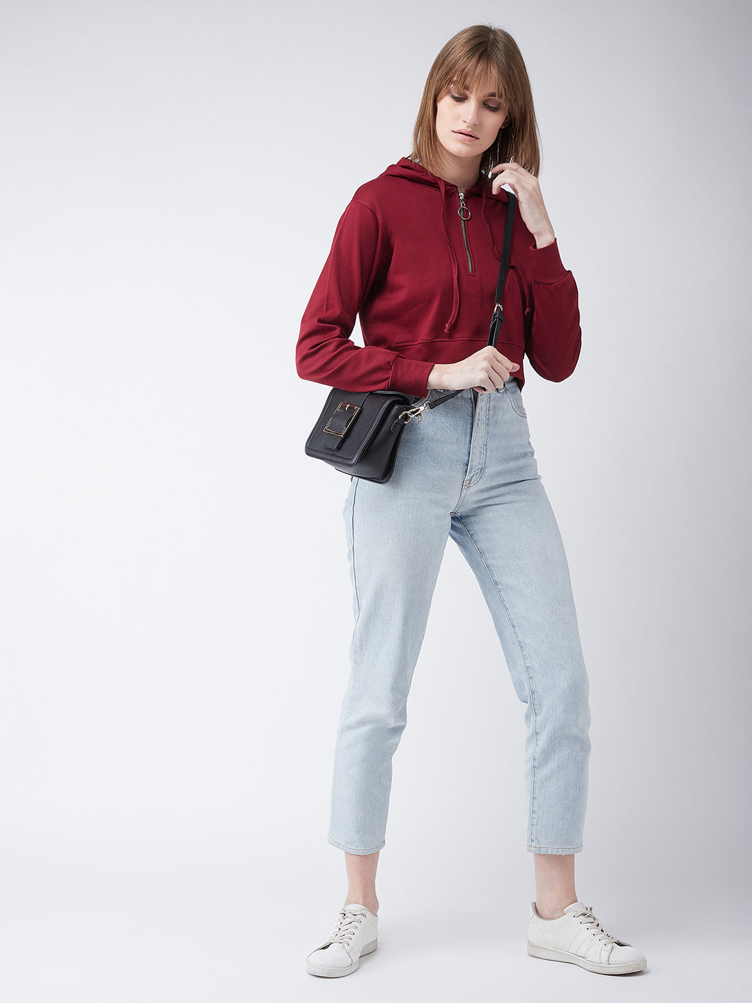 Maroon Solid Round Neck Full Sleeve Hooded Boxy Crop Zippered Sweatshirt for Women
