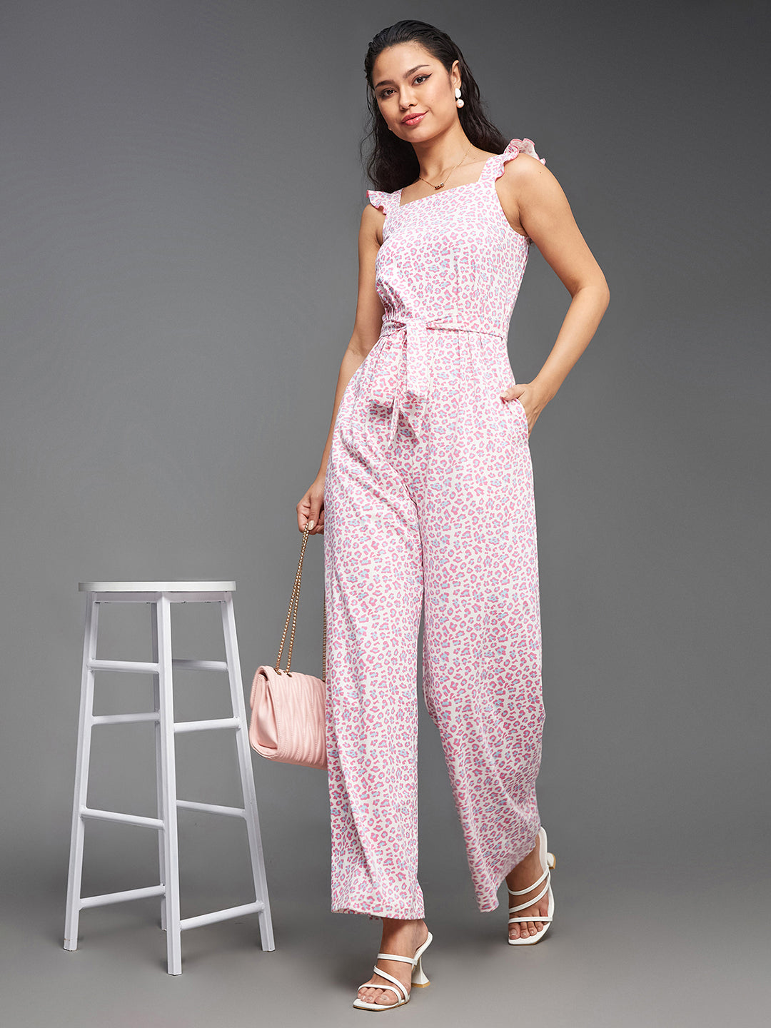 Women's Multicolored-Base-Peach Square Neck Sleeveless Animal-Patterned Waist Tie-Up Pure Cotton Regular-Length Jumpsuit