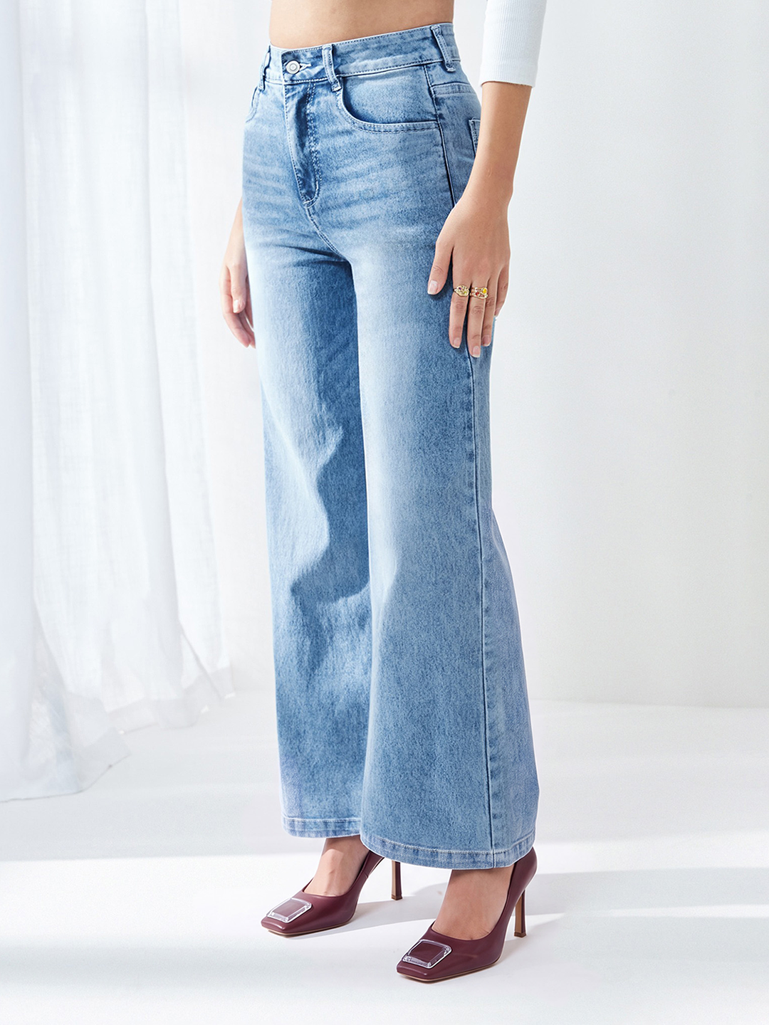 CHASEshape™ Light Blue Wide-Leg High Rise Clean Look Regular Length Stretchable Jeans for Women