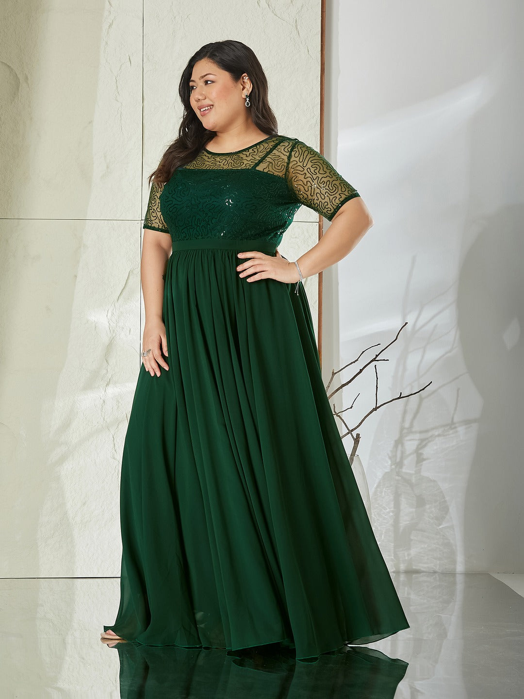 Dark Green Relaxed Fit Maxi Georgette & Sequins Dress for Women