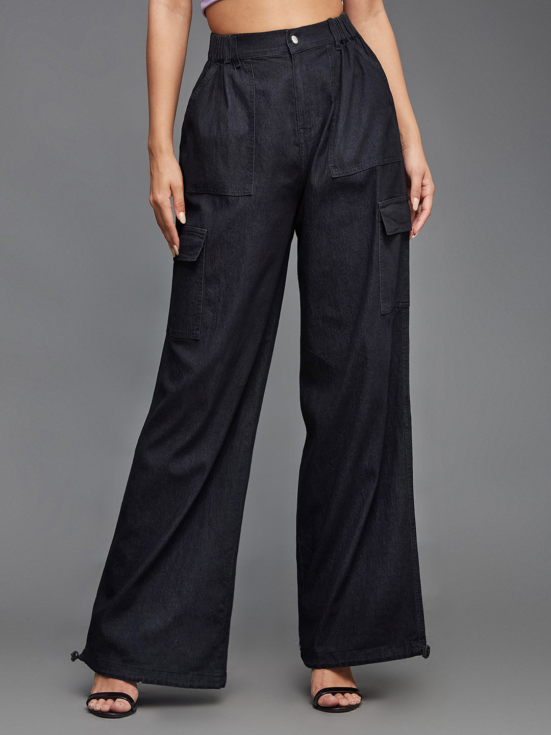 24/7 Comfort Black High-Rise Stretchable Light Weight Cotton Blend Denim Parachute Pants