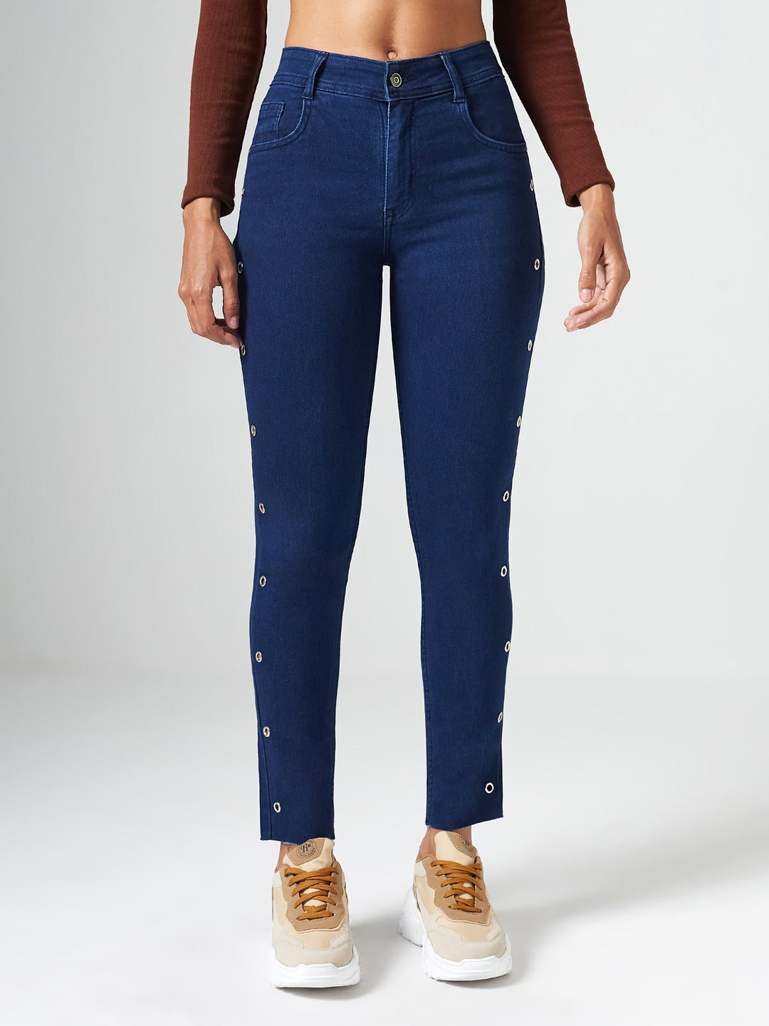Navy Blue Skinny Fit Mid Rise Cropped Length Eyelet Detailing Denim Stretchable Jeans for Women
