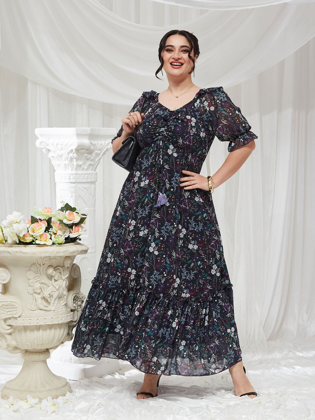 Black Sweetheart-Neck Puffed Sleeve Floral Ruching Georgette Maxi Dress for Women