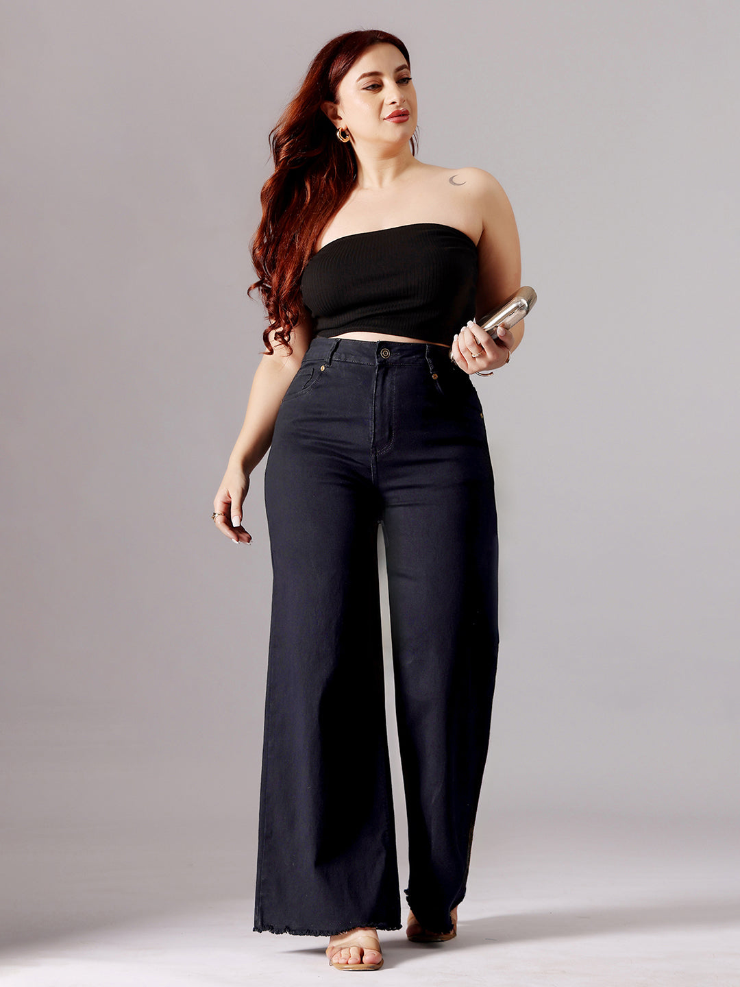 Women's Black High-Rise Clean-Look Stretchable Wide-Leg Denim Jeans