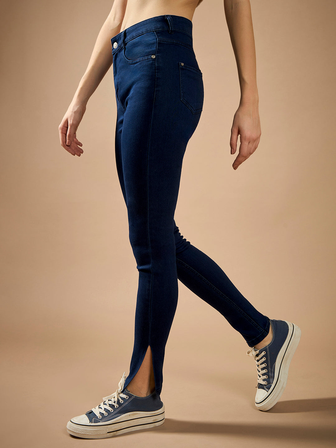 Women's Navy Blue Skinny-Fit Mid-Rise Cropped-Length Side-Slit Denim Stretchable Jeans