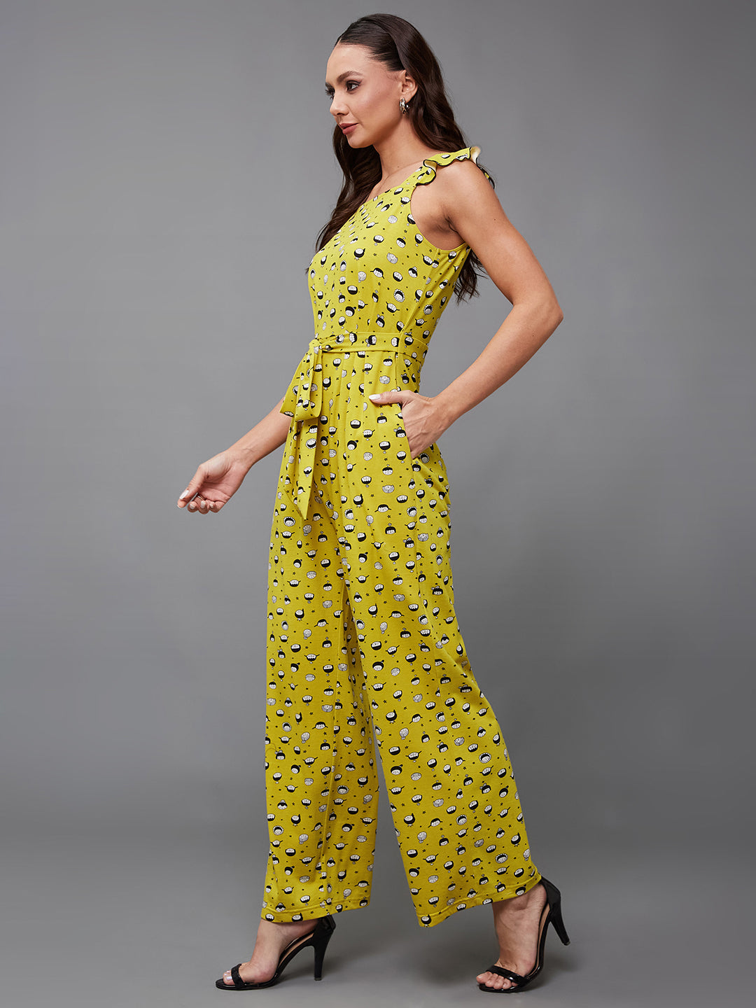 Women's Multicolored-Base-Mustard Square Neck Sleeveless Conversational Waist Tie-Up Regular-Length Cotton Jumpsuit