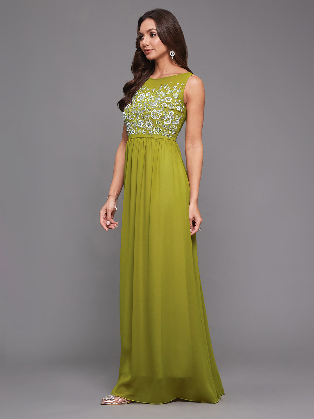 Women's Lemon Green Boat Neck Sleeveless Embroidered Georgette Gathered Maxi Dress
