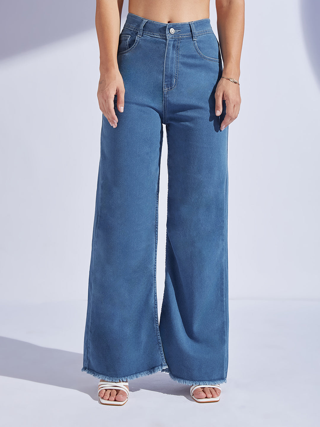 Women's Blue Wide-Leg High-Rise Stretchable Denim Jeans