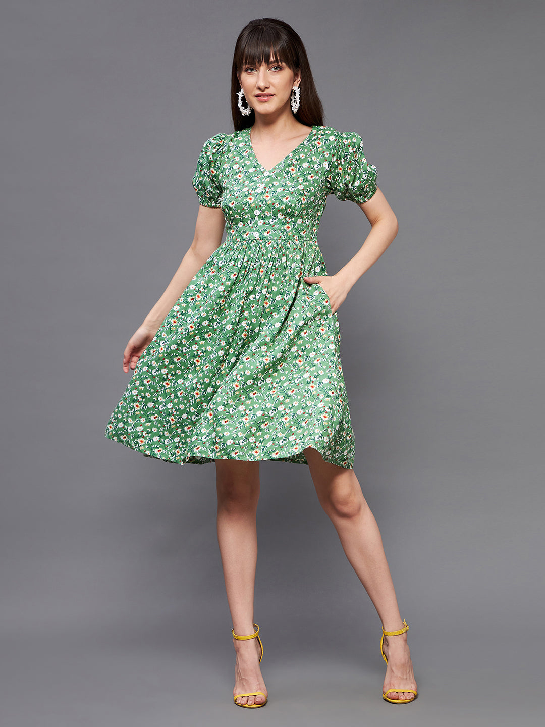 Women's Multicolored-Base-Green V Neckline Short Sleeve Viscose Rayon Floral Fit & Flare Midi Dress