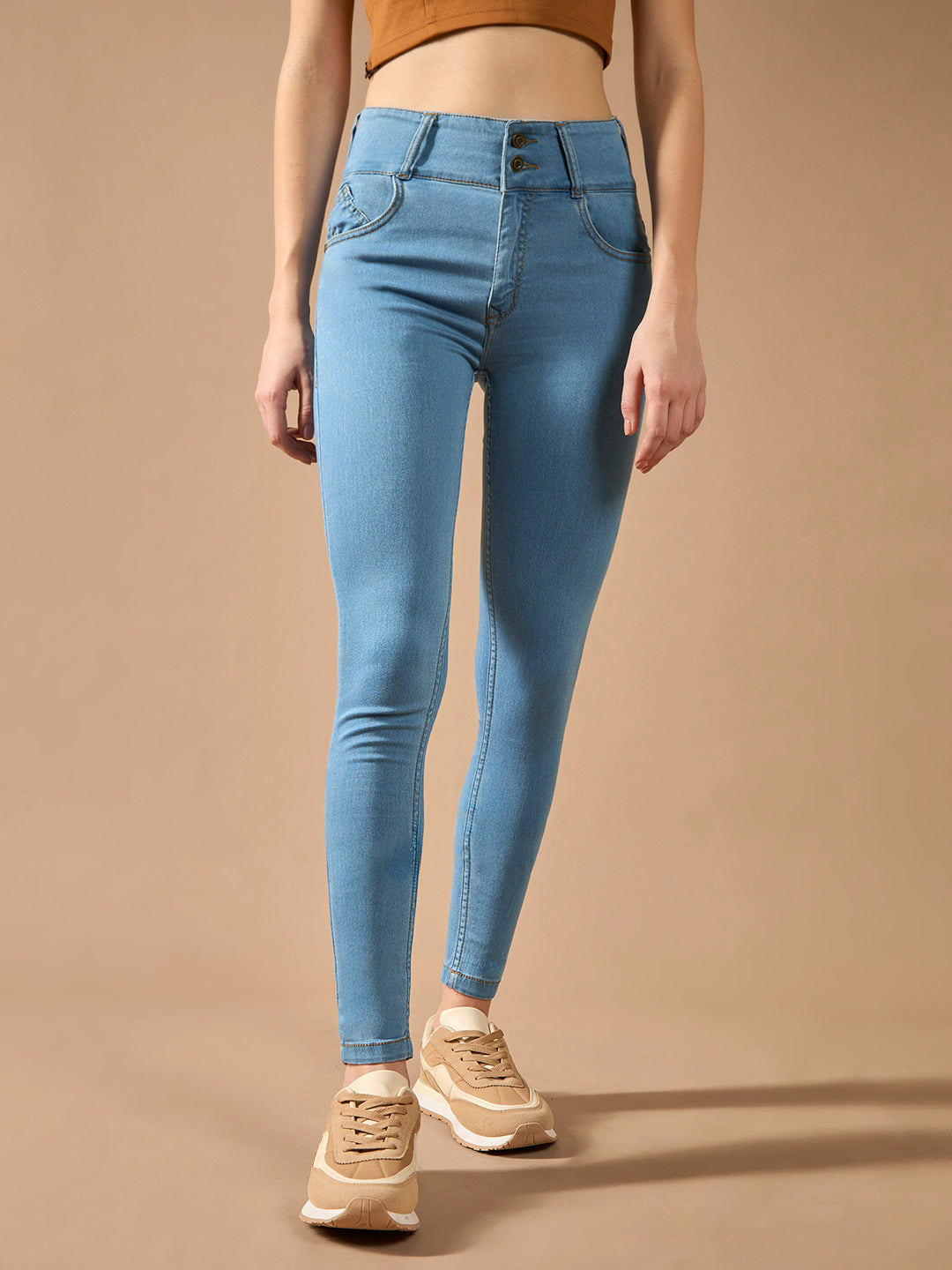 Women's Blue Skinny-Fit High-Rise Clean-Look Regular-Length Ice Wash Stretchable High Waist Denim Jeans