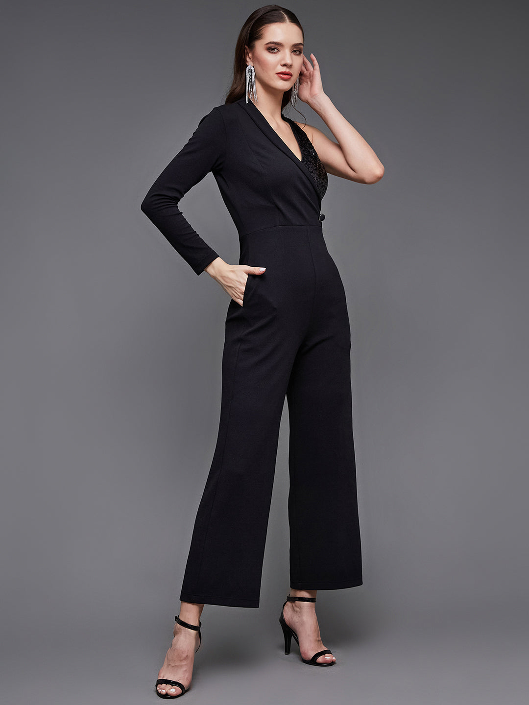 Women's Black Sequined Shawl Collar Asymmetric Blazer Style Slim Fit Party Jumpsuit