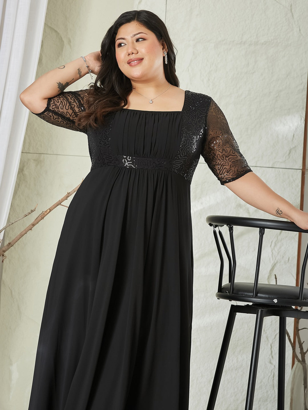 Black Square Neck Half Sleeve Solid Embellished Maxi Dress for Women