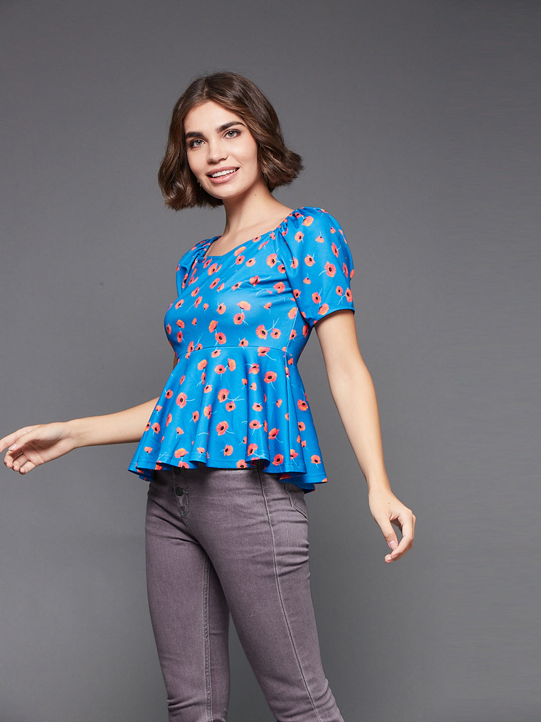 Crease Ease Women's Multicolored-Base-Blue Slim Fit Regular Premium Polyknit Top